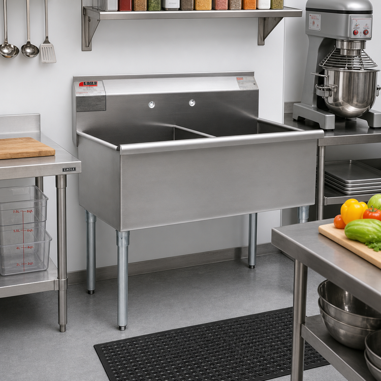 Product image #2 for Eagle Group 49-3/8 Inch Wide Two-Compartment Utility Sink with 24 x 24 Inch Bowls, 16-Gauge 430 Stainless Steel