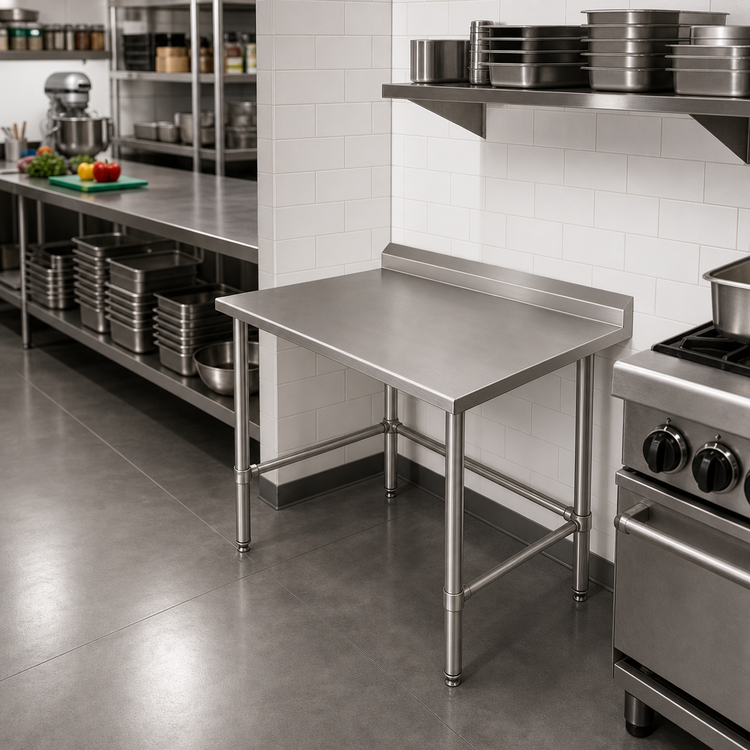 Product image #2 for 30 Inch Square 18 Gauge Stainless Steel Corner Work Table with 5 Inch Backsplash