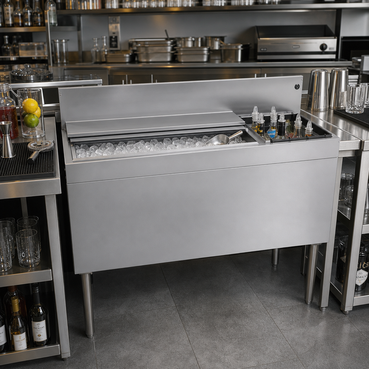 Product image #2 for Glastender Extra Deep 42-Inch Underbar Ice Bin/Cocktail Unit with 10-Circuit Cold Plate and Bottle Well Storage