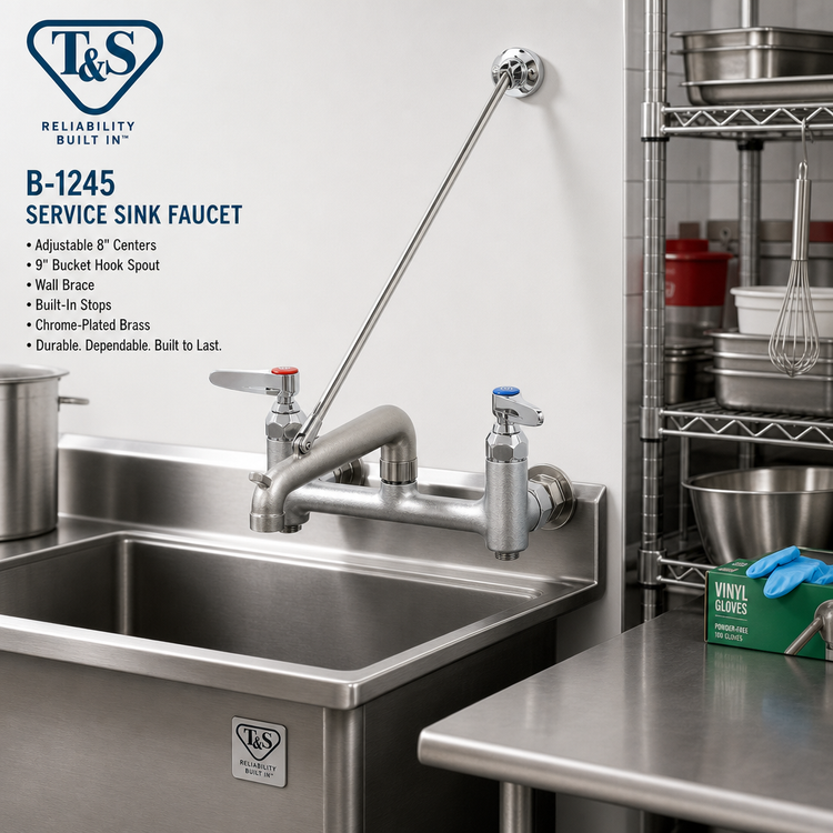 Product image #2 for T&S Brass Service Sink Faucet with Adjustable 8-Inch Centers, 9-Inch Bucket Hook Spout, Wall Brace, and Built-In Stops