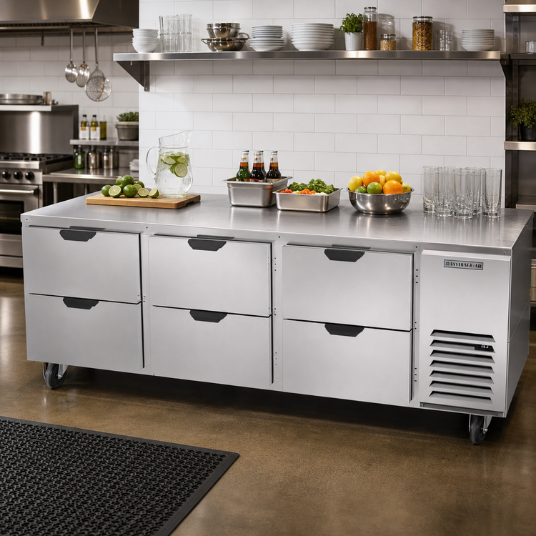 Product image #2 for Beverage-Air 93-Inch Three-Section Undercounter Drawer Refrigerator, 29.7 Cu. Ft., 6 Drawers, Side-Mount Self-Contained