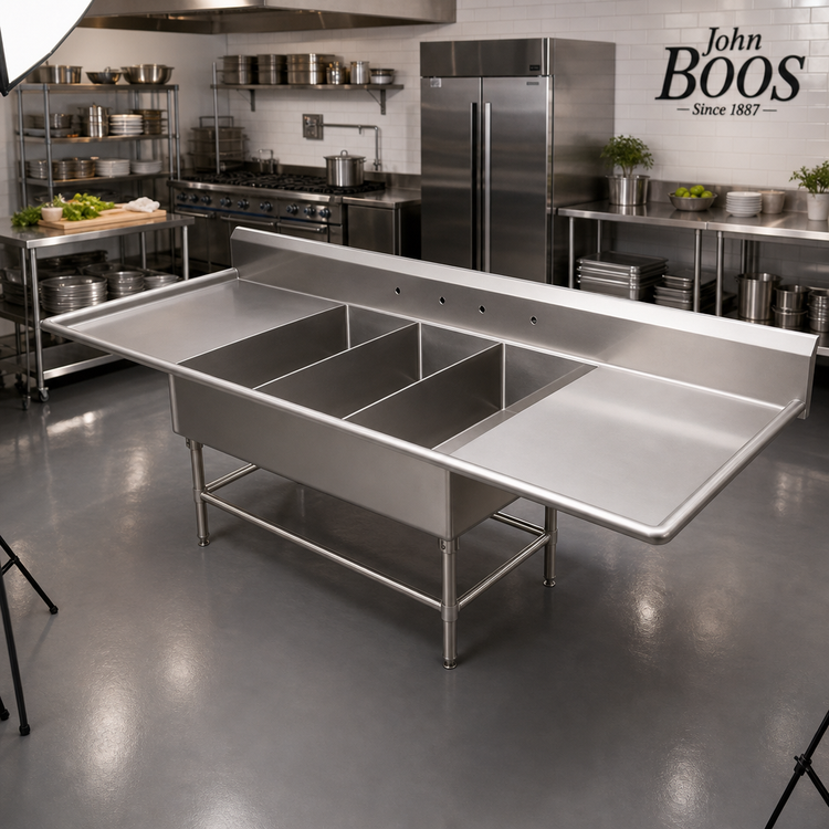 Product image #2 for John Boos Pro-Bowl 3-Compartment Platter Sink with Left & Right Drainboards, 81-1/4"W x 36-1/2"D x 43"H, 16-Gauge Stainless Steel