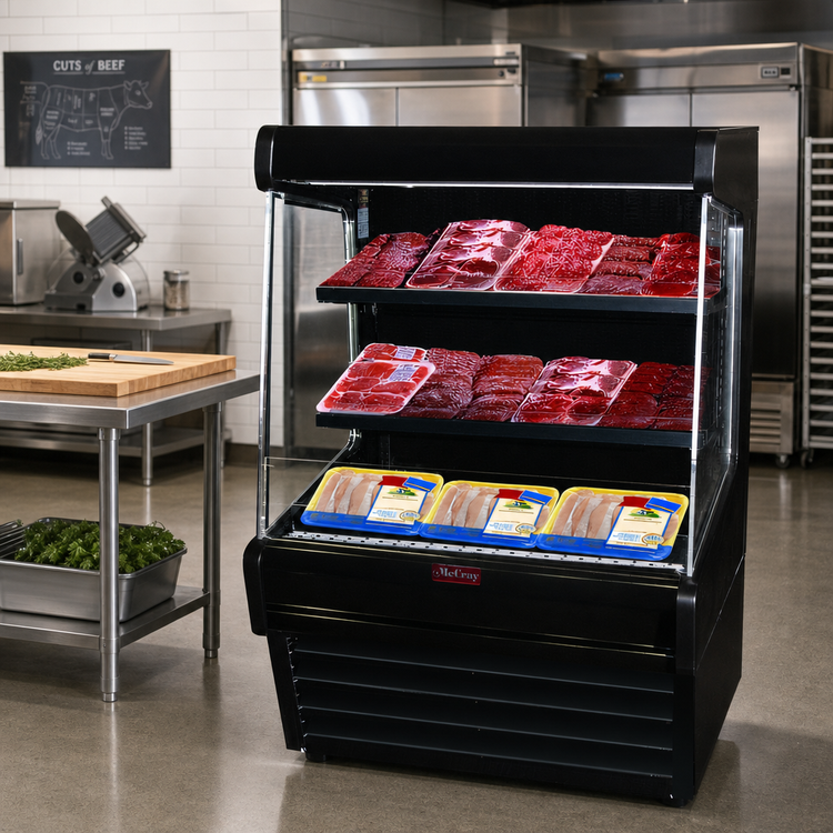 Product image #2 for Howard-McCray Ovation Series 51-Inch Remote Meat Open Merchandiser with 2-Tier Slanted LED Shelves, Black