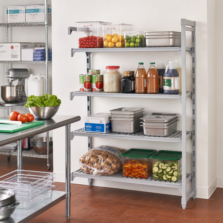 Product image #3 for Cambro Camshelving Premium Stationary Polymer Add-On Shelving Unit, 21 x 48 x 64 Inches, 4-Tier Vented and Solid, Speckled Gray