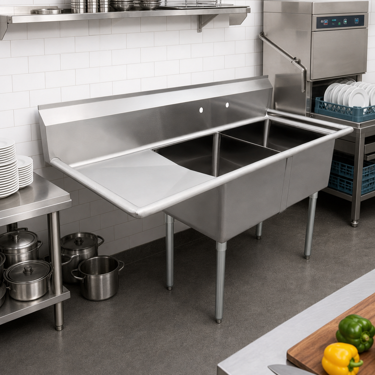 Product image #2 for Commercial Two-Compartment Pot Sink with Left Drainboard, 304 Stainless Steel