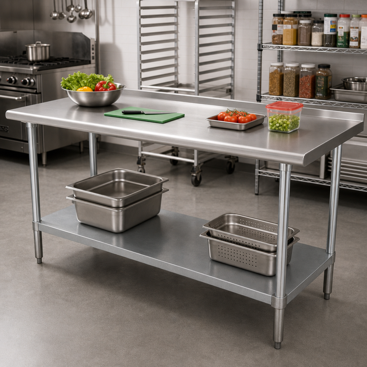 Product image #2 for Advance Tabco 108-Inch x 30-Inch 16 Gauge 430 Stainless Steel Work Table with 1-1/2-Inch Rear Up-Turn and Galvanized Undershelf