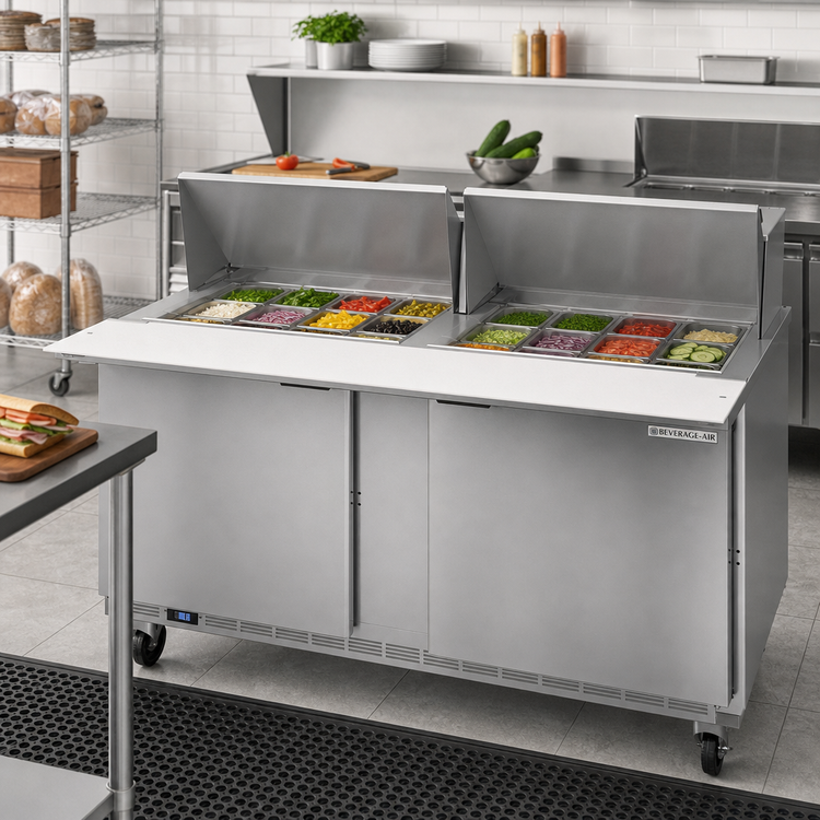Product image #3 for Beverage-Air SPE60HC-24M Two-Section Mega Top Sandwich Prep Table, 60-Inch, 24-Pan Capacity