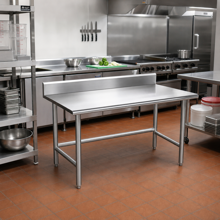Product image #2 for Advance Tabco 48 x 24-Inch 430 Stainless Steel Work Table with 5-Inch Backsplash and Open Base