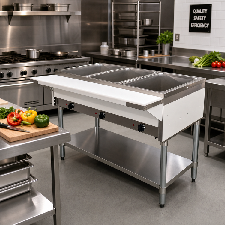 Product image #2 for 44-Inch Open Well Electric Steam Table with Cutting Board and Undershelf, 3-Pan Capacity