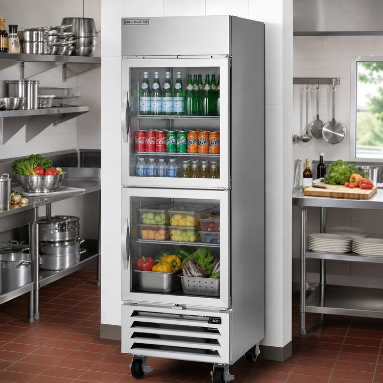 Product image #2 for Beverage-Air Horizon Series HBR23HC-1-HG One-Section Reach-In Refrigerator with Two Right-Hand Glass Half Doors, 23.32 Cu. Ft., Bottom-Mount Self-Contained Refrigeration