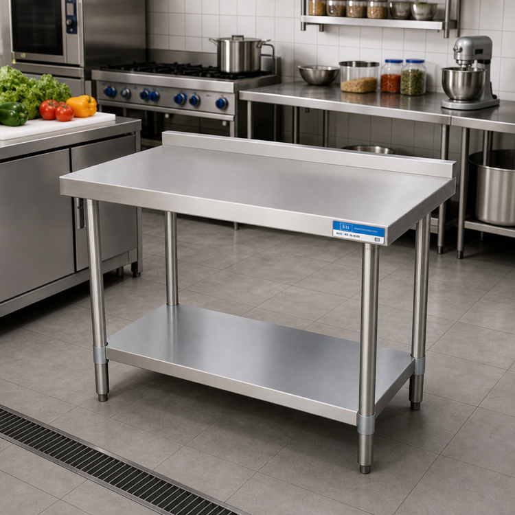 Product image #2 for BK Resources 60 x 30 Inch 18/430 Stainless Steel Work Table with 1-1/2 Inch Rear Riser and Adjustable Undershelf