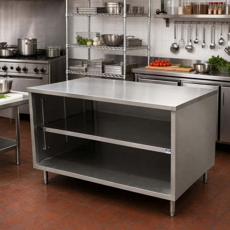 Product image #2 for BK Resources 48 x 36 Inch Stainless Steel Chef Table with Open Front Cabinet Base