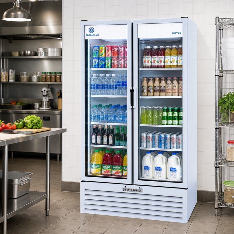 Product image #2 for Beverage Air Marketeer MT49-1W Two-Section Reach-In Glass Door Refrigerated Merchandiser, White, 37.42 Cu. Ft.