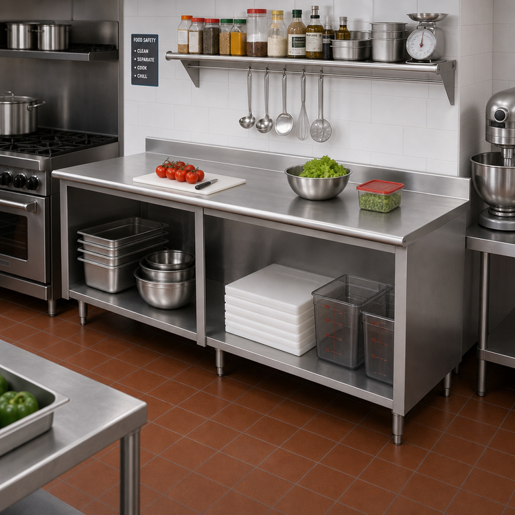Product image #2 for Special Value Economy Stainless Steel Work Table with Open Front Cabinet Base and 5-Inch Backsplash, 120 Inches x 30 Inches