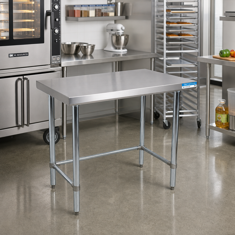 Product image #2 for BK Resources 48 x 24 Inch 16-Gauge 304 Stainless Steel Flat Top Open Base Work Table