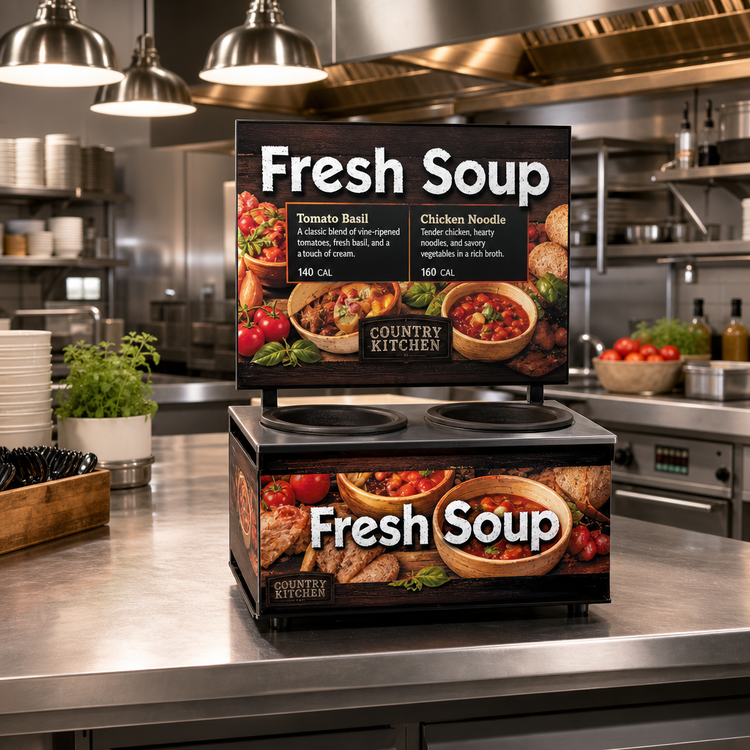 Product image #2 for Cayenne® Twin Well Soup Merchandiser with Menu Board and Country Kitchen Graphics