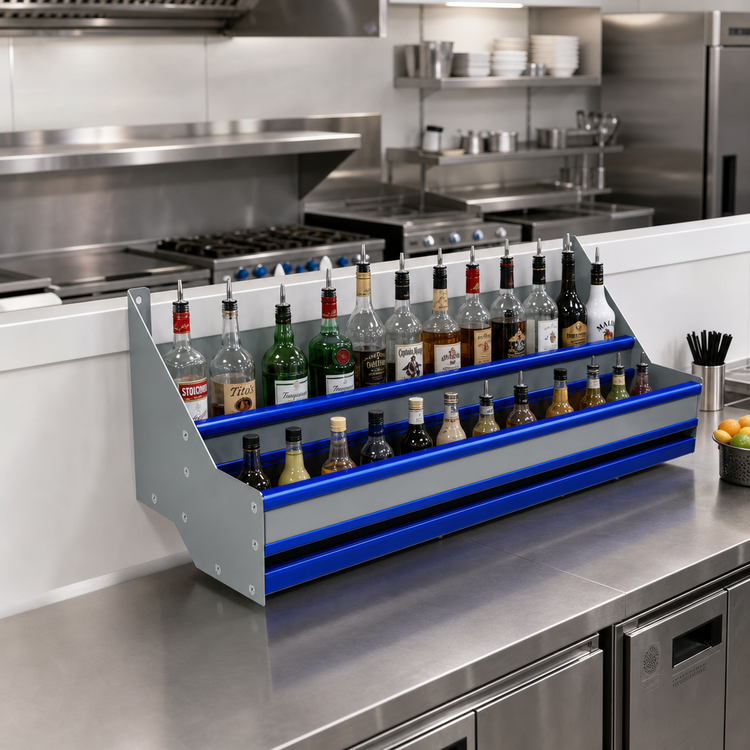 Product image #2 for Advance Tabco Prestige Signature Series Double Tier Stainless Steel Speed Rail, 96-Inch, 48-Bottle Capacity