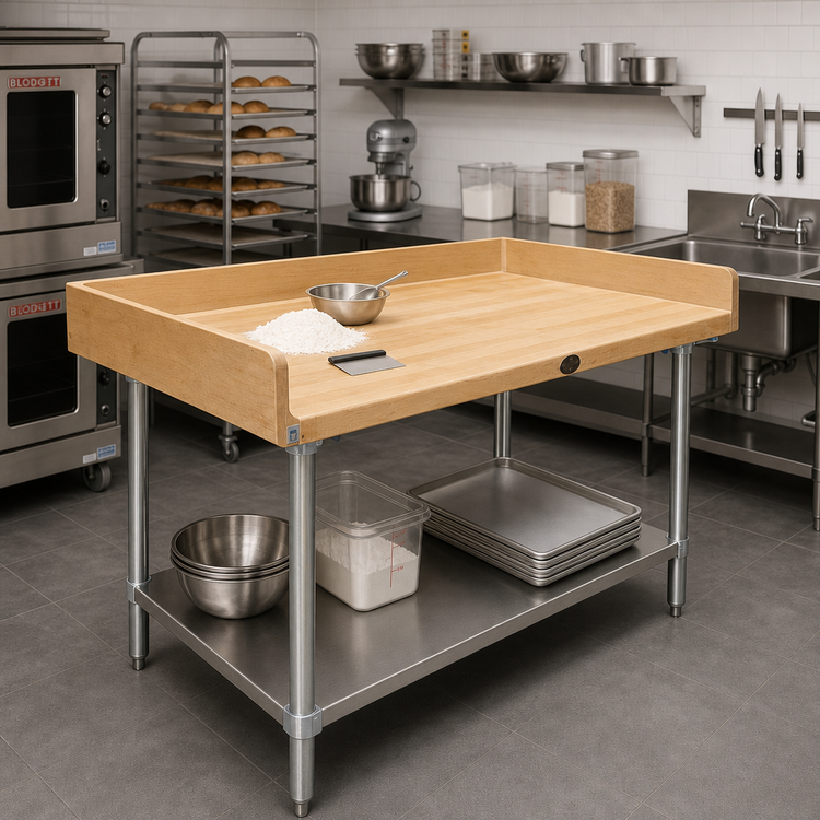 Product image #2 for Advance Tabco 48" x 36" Bakers' Table with 1-3/4" Wood Top, 4" Rear & Side Splash, and Stainless Steel Undershelf