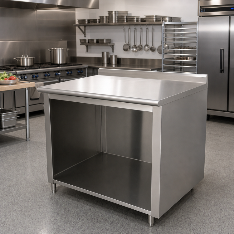 Product image #2 for Advance Tabco 96-Inch Wide Stainless Steel Work Table with Open Front Cabinet Base and 1-1/2-Inch Rear Up-Turn