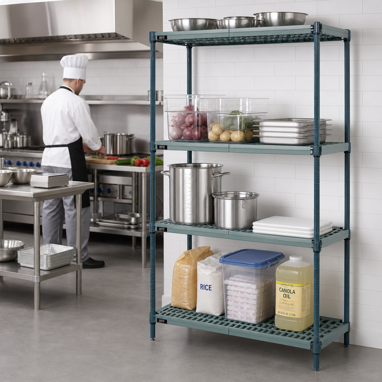 Product image #2 for Quantum Stationary 4-Tier Wire Plastic Mat Shelving Unit, 24" W x 21" D x 74" H, Green Epoxy Coated
