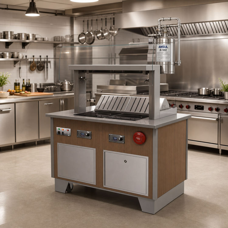 Product image #3 for Vollrath V-Class Custom Downdraft Vent System with 22-Inch Tempered Curved Breathguard and ANSUL R-102 Fire Suppression