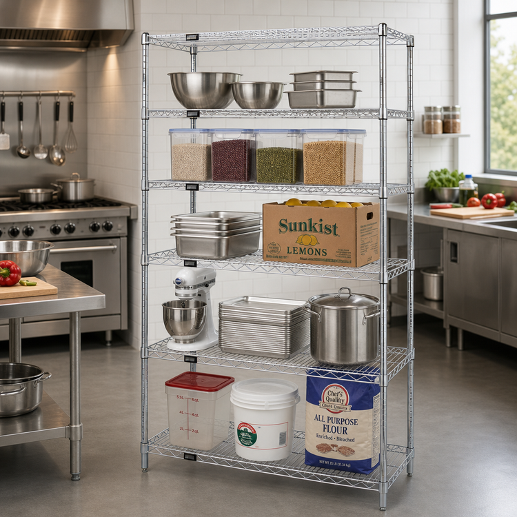 Product image #2 for Quantum Chrome Plated Stationary Wire Shelving Starter Kit, 42 x 18 x 54 Inches, 5 Shelves
