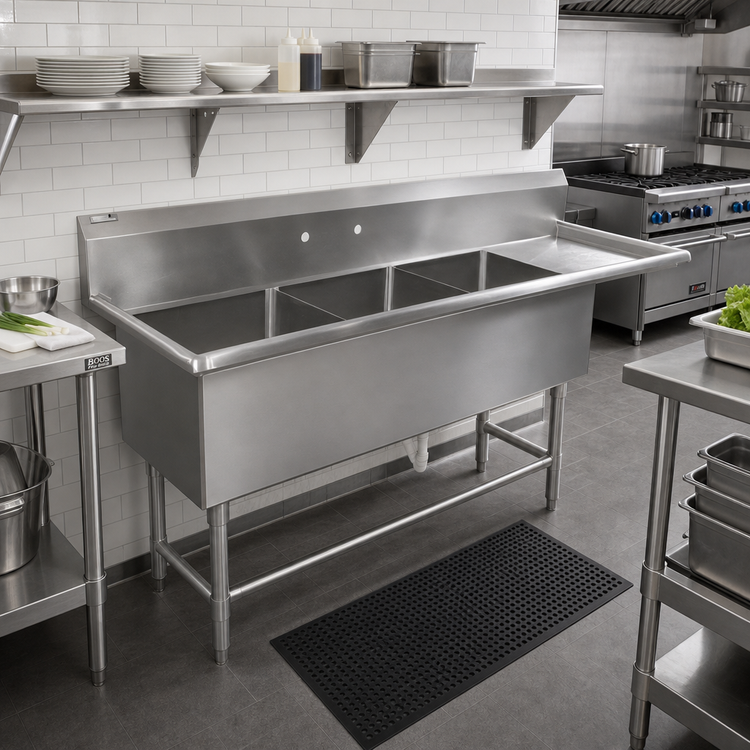 Product image #2 for John Boos Pro-Bowl 3-Compartment Sink with 18" Right Drainboard, 20" x 20" x 12" Bowls, 16-Gauge Stainless Steel