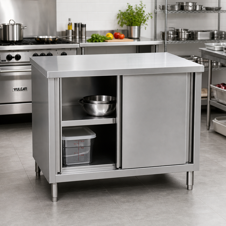 Product image #2 for Klinger's Trading 60-Inch Stainless Steel Enclosed Work Table with Sliding Doors and Shelf