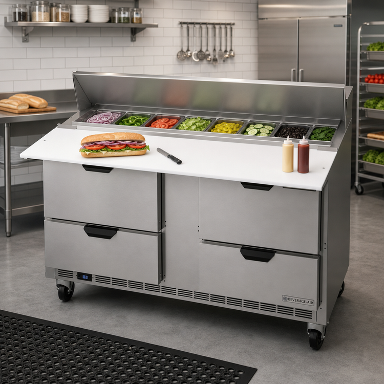 Product image #3 for Beverage-Air Two-Section Sandwich Prep Table Refrigerator with 4 Drawers, 16 Pan Capacity, and 17-Inch Cutting Board