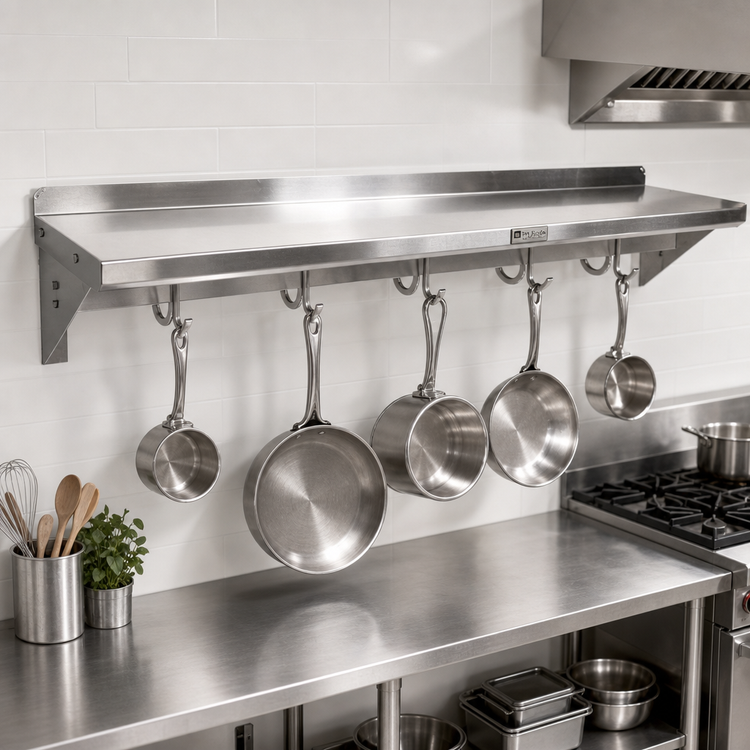 Product image #2 for John Boos Stallion Wall-Mounted Stainless Steel Pot Rack Shelf with 5 Hooks, 60W x 18D x 13H