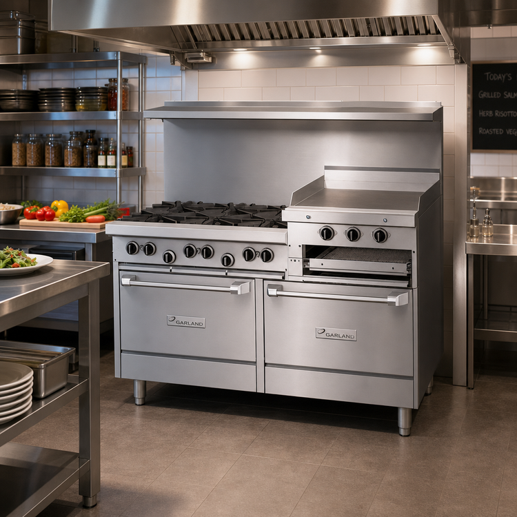 Product image #2 for Garland U.S. Range U Series 60-Inch Gas Restaurant Range with 6 Open Burners, 24-Inch Raised Griddle/Broiler and Double Storage Base