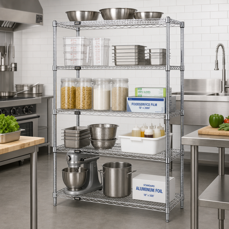 Product image #2 for Quantum 54"W x 18"D x 54"H Chrome-Plated Stationary Wire Shelving Starter Kit with 5 Shelves