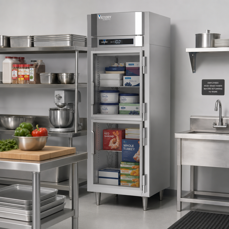 Product image #2 for Victory UltraSpec Shallow Depth 1-Section Reach-In Freezer with 2 Half-Height Glass Doors, 20.15 Cu. Ft.