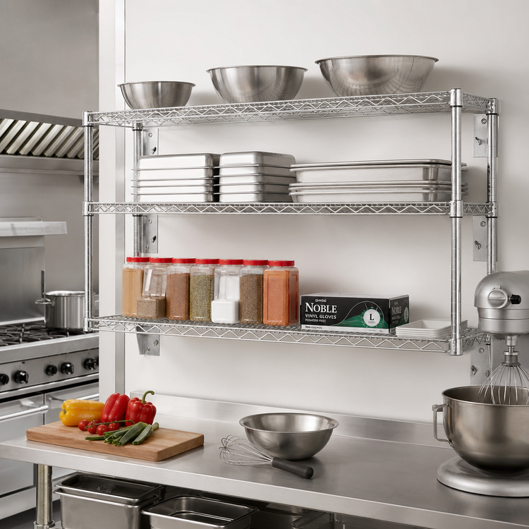 Product image #2 for Eagle Group QuadTruss Piggyback 3-Tier Wall-Mounted Wire Shelf Kit, 60W x 18D, Chrome Finish