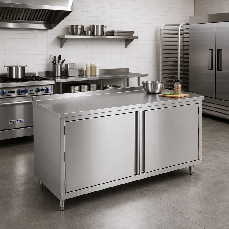Product image #2 for John Boos Cabinet Base Enclosed Work Table with Hinged Doors, 84"W x 24"D, 16-Gauge Stainless Steel Top, 1-1/2" Rear Upturn