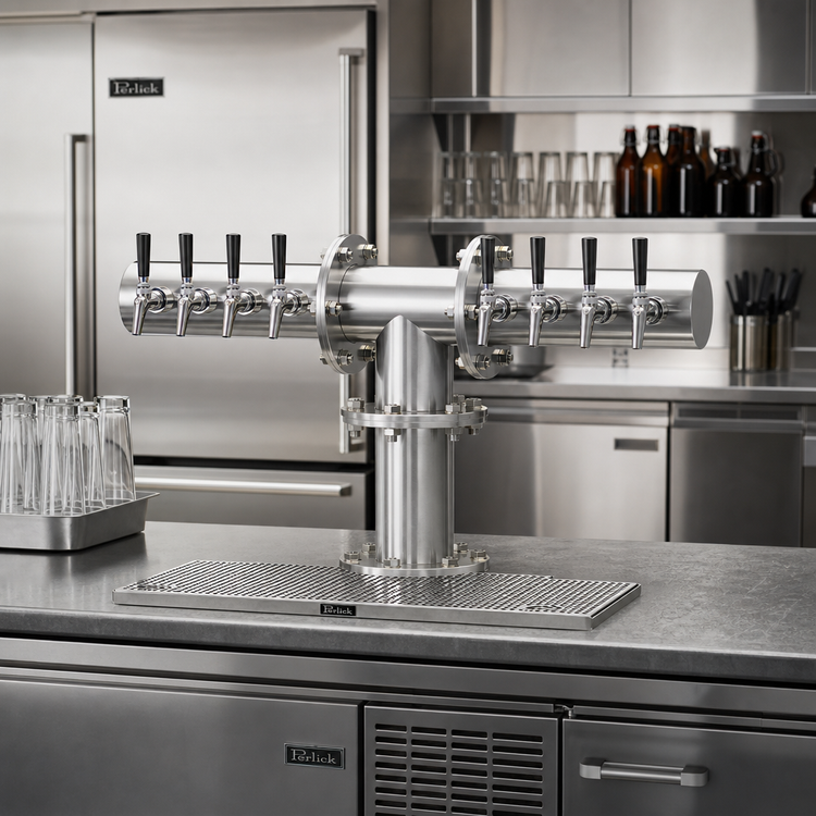 Product image #2 for Perlick 8-Faucet T-Shape Glycol-Cooled Countertop Brew Pipe Tower, Stainless Steel