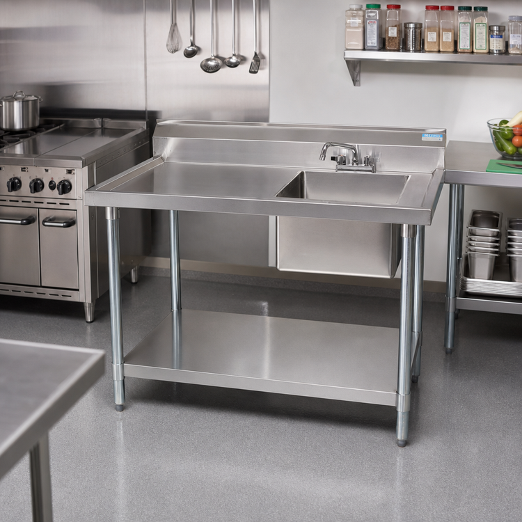 Product image #2 for 48-Inch x 30-Inch 304 Stainless Steel Sink Table with Right-Side Prep Sink and Undershelf