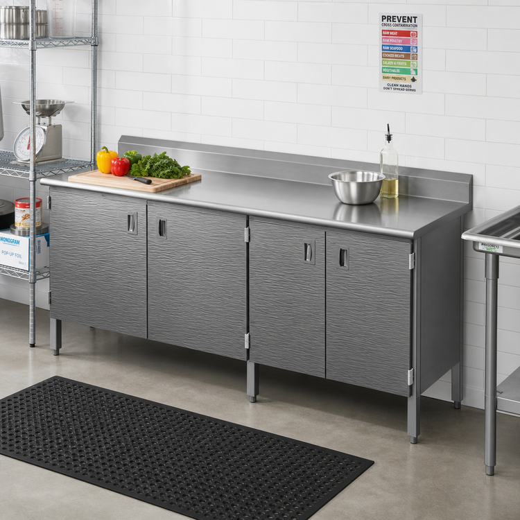 Product image #2 for John Boos Enclosed Base Work Table with Hinged Doors, 108 in. W x 30 in. D, 16-Gauge Stainless Steel Top, 5-Inch Backsplash