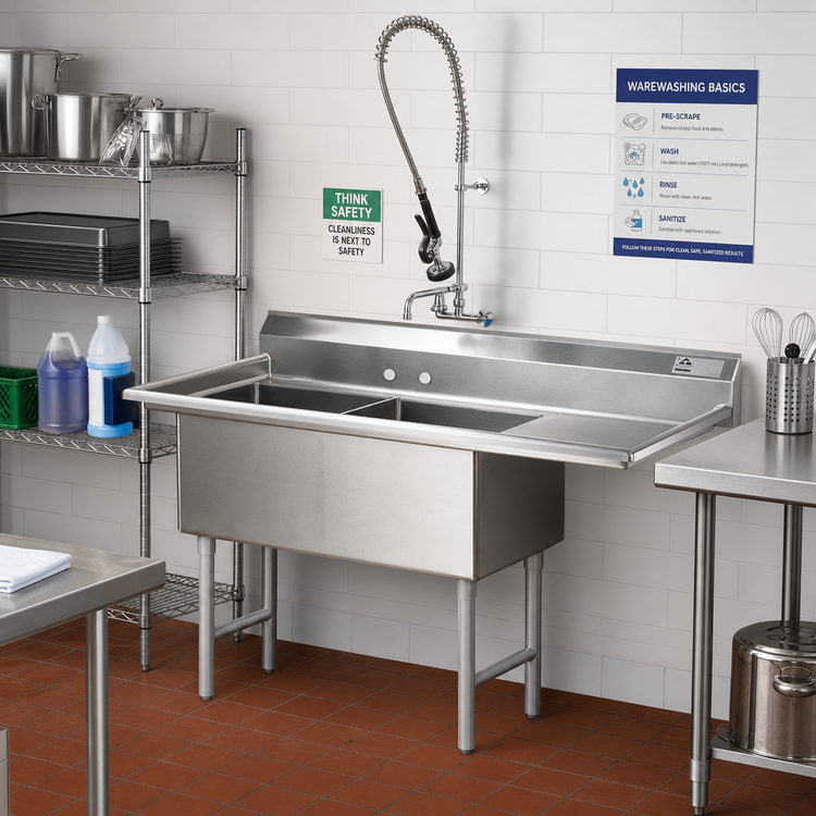 Product image #2 for Advance Tabco 2-Compartment Fabricated Sink with Right-Hand Drainboard, 20 x 30 x 14 Inch Compartments