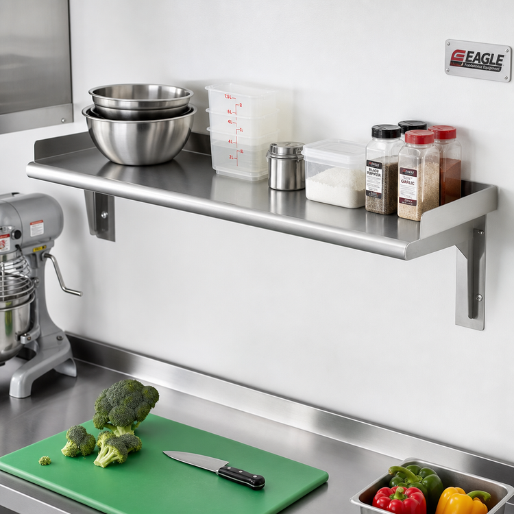 Product image #2 for Eagle Group Snap-n-Slide 60-Inch x 12-Inch Wall-Mounted Stainless Steel Shelf, Rolled Front Edge