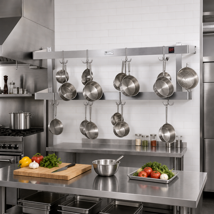 Product image #2 for John Boos PRW25 Wall-Mount Double-Bar Stainless Steel Pot Rack, 120-Inch, 20 Double Hooks
