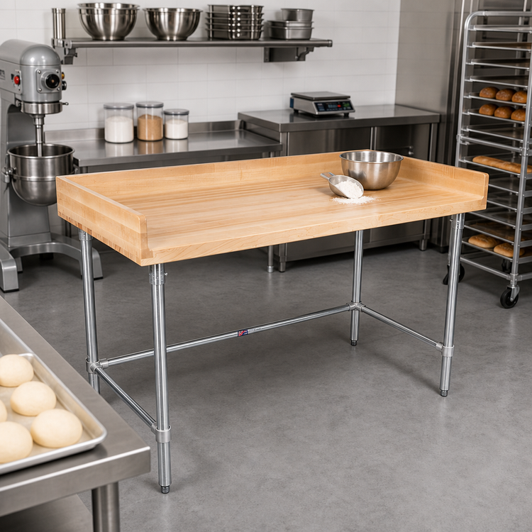 Product image #2 for Stainless Steel Open Base Bakers' Table with 1-3/4 Inch Hard Maple Top, 60 x 30 Inches