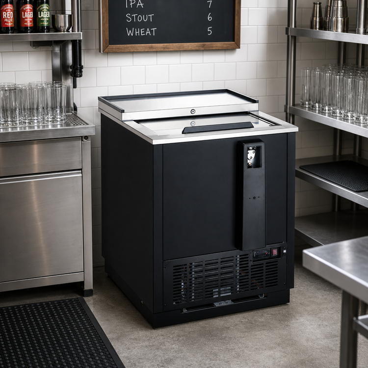 Product image #2 for Omcan USA Horizontal Chest Beer Bottle Cooler, 26-Inch, 5 Cu. Ft., Black Vinyl Exterior, Sliding Stainless Steel Lid