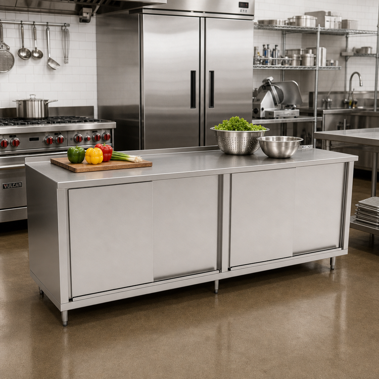 Product image #2 for John Boos Stainless Steel Enclosed Work Table with Sliding Doors, 108W x 24D x 37-1/4H, 14-Gauge Top, 1-1/2-Inch Rear Riser