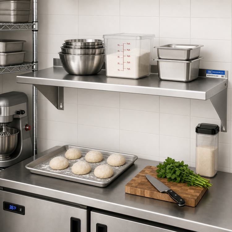 Product image #2 for BK Resources 36 Inch x 14 Inch Wall-Mount 16-Gauge 304 Stainless Steel Shelf with Rear Up-Turn