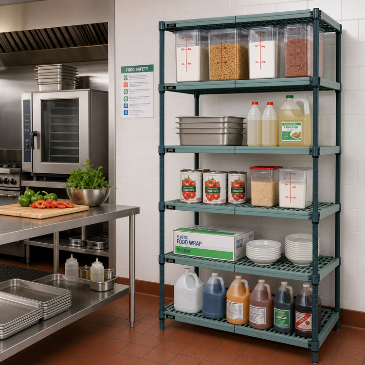 Product image #2 for Quantum 5-Tier Stationary Wire Plastic Mat Shelving Unit, 48W x 21D x 86H, Green Epoxy