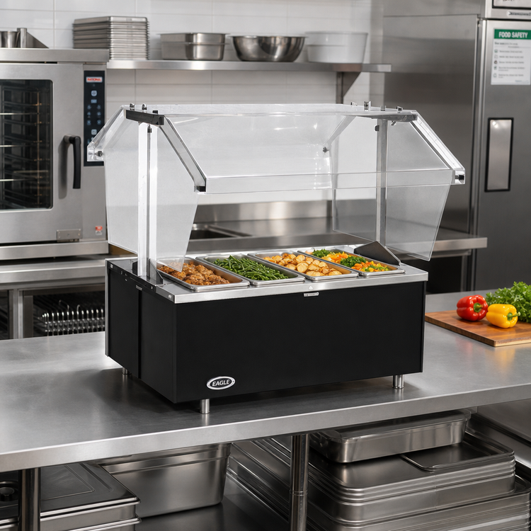 Product image #2 for Eagle Service Mate Deluxe Countertop Buffet Hot Food Table, 4 Wells, 208V Three-Phase, Double-Sided Sneeze Guard