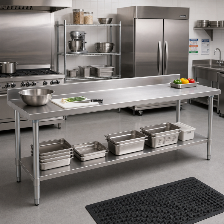 Product image #2 for Deluxe Series 144-Inch x 24-Inch Stainless Steel Work Table with 4-1/2-Inch Backsplash and Adjustable Undershelf