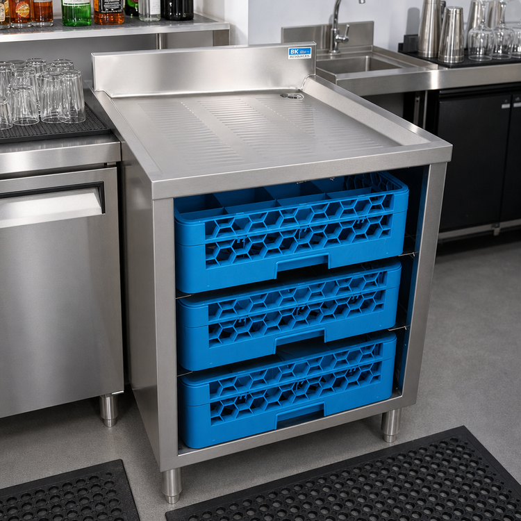 Product image #2 for BK Resources Stainless Steel Underbar Glass Rack Unit with Drainboard Top, Open Front Base, and Adjustable Rack Slides