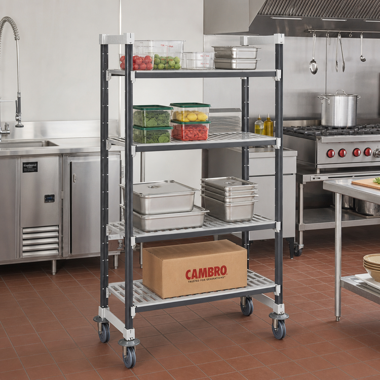 Product image #2 for Cambro Camshelving Elements XTRA 18" x 54" 4-Tier High-Density Mobile Starter Unit, Vented, Speckled Gray